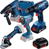 Bosch GSB 180-LI + GWS 180-LI + GBH 180-LI + GDX 180-LI - Masina de gaurit si insurubat cu percutie cu 1 acumulator Li-Ion 18 V 2 Ah 54 Nm valiza plas