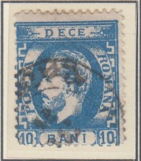 ROMANIA 1872 LP 36 REGELE CAROL I CU BARBA 10 BANI ALBASTRU T2 EROARE STAMPILAT
