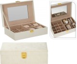 Cumpara ieftin Caseta Bijuterii Ceasuri Crem Catifea, Cutie Organizator Accesorii cu Oglinda, Luxoasa si Eleganta