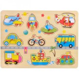 Puzzle din lemn pentru copii, model mijloace de transport, 10 piese, multicolor