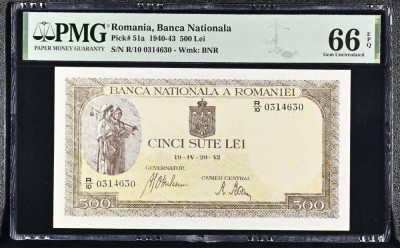 500 lei 1942 PMG66 UNC bancnota gradata foto