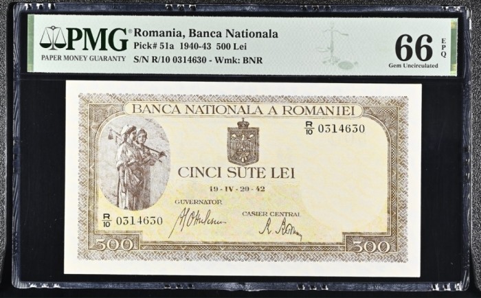 500 lei 1942 PMG66 UNC bancnota gradata