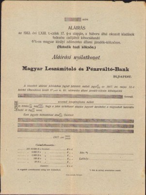 A1372 Formular subscriere, 1912, Hatodik hadi kolcson, &amp;Icirc;mprumutul de război austro-ungar foto