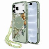 Husa MagSafe pentru Apple iPhone 18 Pro / 17 Pro, Guess, IML Flowers with Pearl Strap, Verde