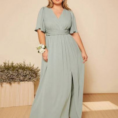 Rochie maxi din voal cu maneca 3/4, slit, verde