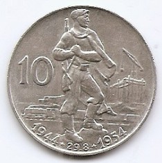 Cehoslovacia 10 Koruny 1954 - (Revoltă slovacă) Argint, 30 mm, Md5, KM-40