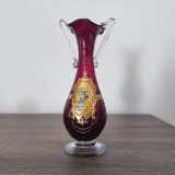 Vaza soliflora veche, sticla rubin pictat manual