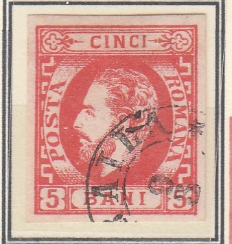 ROMANIA 1871 LP 30 REGELE CAROL I CU BARBA 5 BANI ROSU T6 STAMPILAT