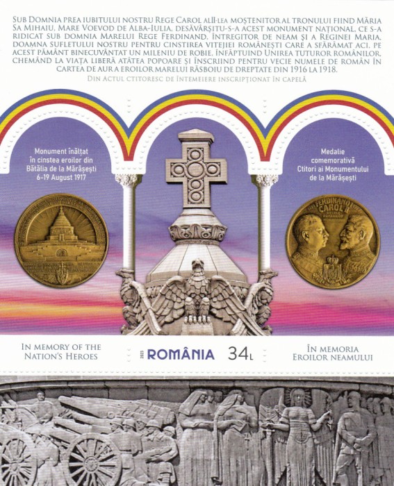ROMANIA 2023 IN MEMORIA EROILOR NEAMULUI Colita dantelata LP2428 a MNH