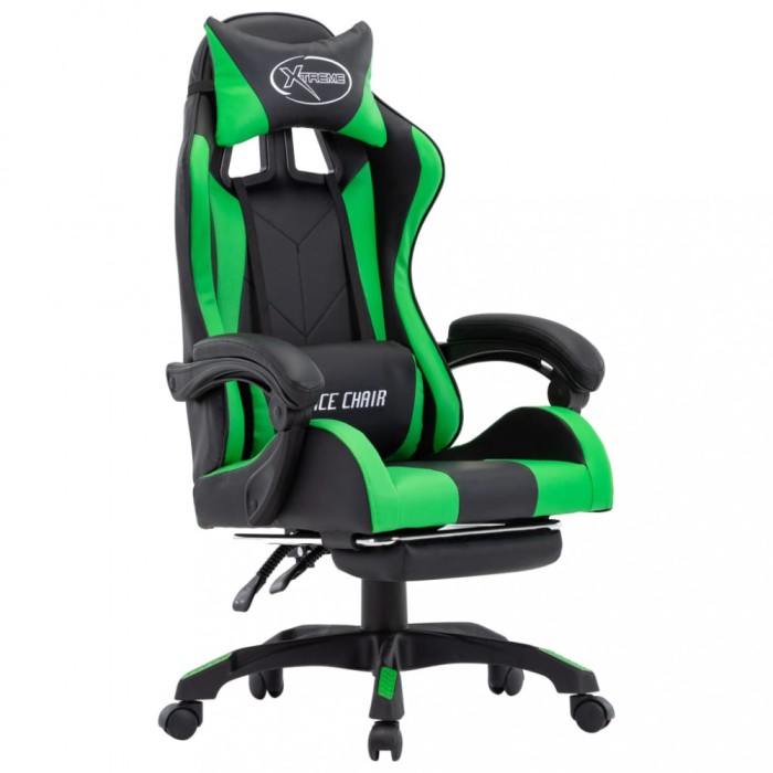 Scaun de racing cu suport picioare verde/negru piele ecologică