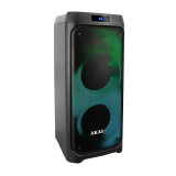 Boxa portabila activa Akai, 50 W, Bluetooth, USB, lumini LED, afisaj LED, autonomie 4 h, microfon inclus, Negru