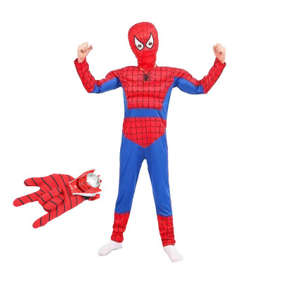 Set costum Ultimate Spiderman IdeallStore&amp;reg; pentru copii, 100% poliester, 120-130 cm, rosu si manusa cu discuri foto