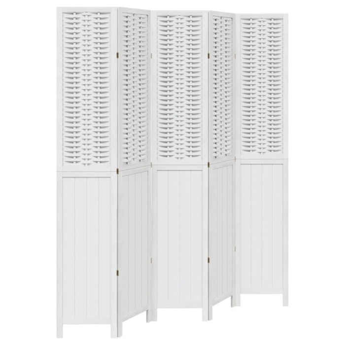 Paravan camera 5 panouri, alb, lemn masiv paulownia