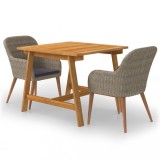 Set masa gradina 3 piese, lemn acacia, ratan, maro/gri, perne incluse. Ideal terasa/balcon
