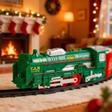 Trenulet de Craciun iluminat cu baterii, 3 trasee diferite, 19 piese, locomotiva si vagoane, joc festiv copii 3+ ani