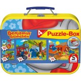 Puzzle-Box Schmidt: Benjamin Bl&uuml;mchen - Elefantul Benjamin, set de 2 puzzle-uri x 48 piese și 2 puzzle-uri x 26 piese + bonus: cufăr metalic