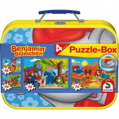 Puzzle-Box Schmidt: Benjamin Blümchen - Elefantul Benjamin, set de 2 puzzle-uri x 48 piese și 2 puzzle-uri x 26 piese + bonus: cufăr metalic