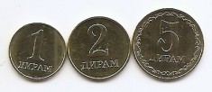 Tadjikistan Set 3A - 1, 2, 5 Drams 2019 - Republic of Tajikistan, KM-50, 51, 52 UNC !!!