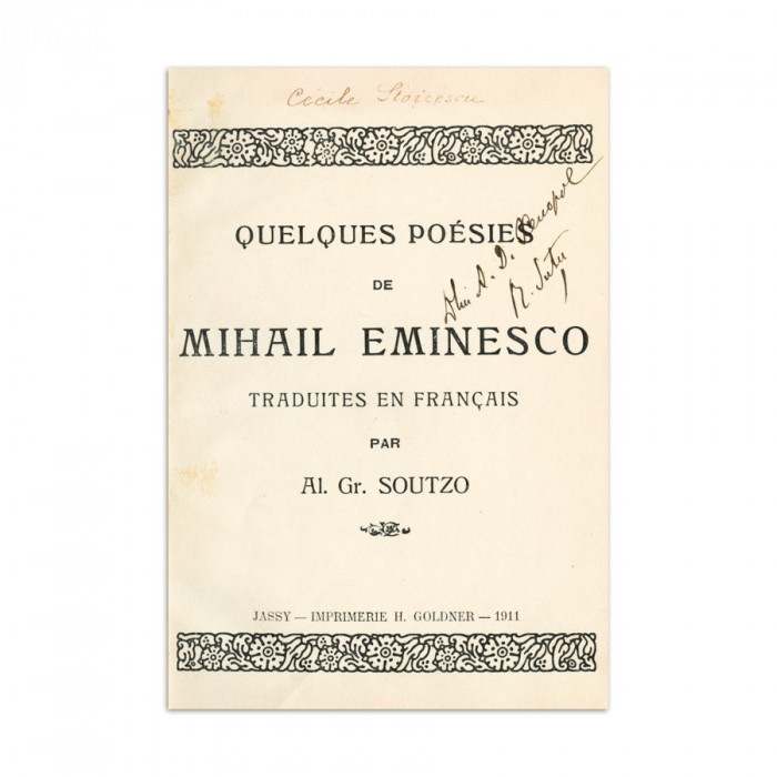 Quelques poesies de Mihail Eminescu, cu dedicația lui Al. Șuțu, pentru A. D. Xenopol