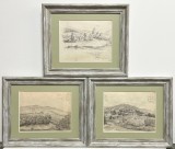 Toader Schipor- Set 3 Tablouri 1956 Peisaje Transilvanene Zona Sibiu grafica in carbune, &icirc;nrămat 25x30cm