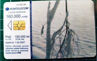 Cartelă telefonică Romtelecom Peisaj hibernal 150.00 lei 15 lei noi 160.000 unități 874FUN exp. 01.02.2007 anotimpuri Iarna ramuri cu zăpadă winter foto