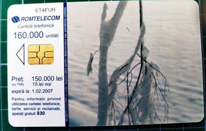 Cartelă telefonică Romtelecom Peisaj hibernal 150.00 lei 15 lei noi 160.000 unități 874FUN exp. 01.02.2007 anotimpuri Iarna ramuri cu zăpadă winter