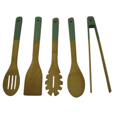 Set 5 ustensile de bucătărie Crofton, bambus, natur și turcoaz