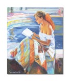 Tablou pictat manual, Tanara citind o carte, o zi relaxanta, 60x50cm ulei pe panza, gata de expus pe perete