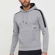 EA7 Emporio Armani hanorac de bumbac barbati, culoarea gri, cu glugă, cu imprimeu