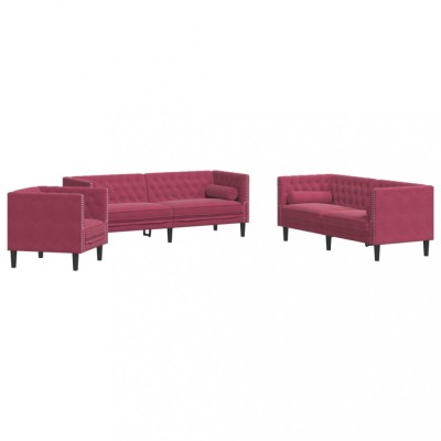 Set canapele Chesterfield perne rulou 3 piese rosu vin catifea foto