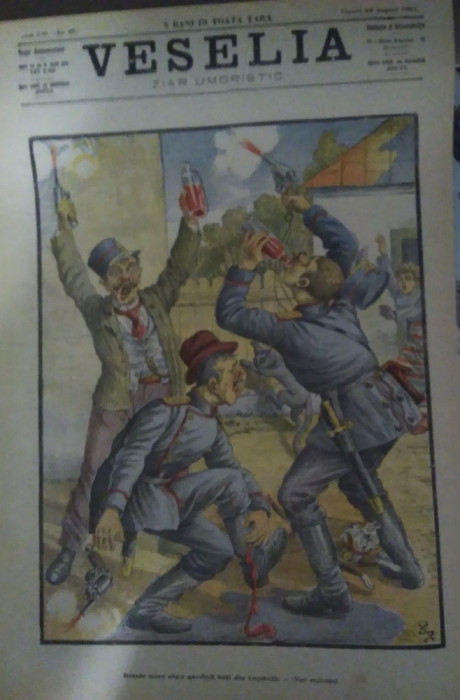 Ziarul Veselia : BĂTAIE &Icirc;NTRE NIȘTE GARDISTI BEȚI DIN CAPITALĂ - gravură, 1904