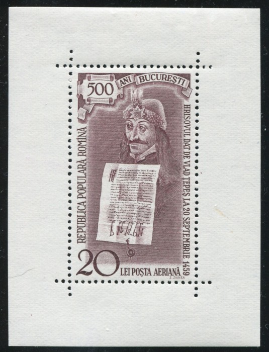 1959 , Lp 481 , 500 de ani Bucuresti , Vlad Tepes , colita dantelata - MVLH