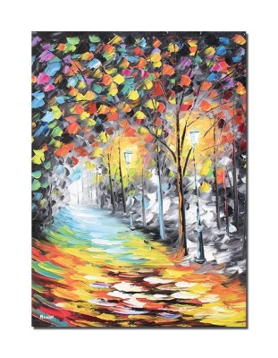 Tablou pictat manual, Pe aleea cu felinare, 70x50cm ulei pe panza in cutit efect 3D, Spectaculos foto