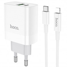 Incarcator retea Hoco C80A, USB/USB-C, Quick Charge 3.0, Power Delivery 20W, Cablu Lightning inclus, Alb foto