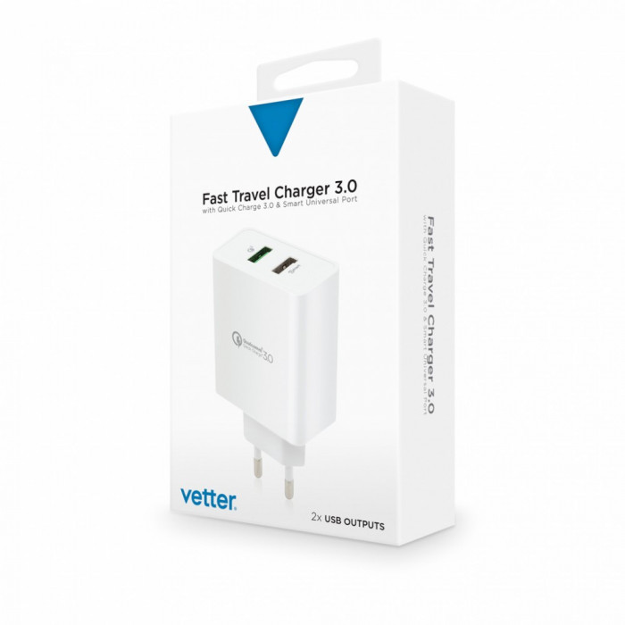 Incarcator De Retea Vetter Fast Travel Charger Quick Charge 3.0 Smart Port White CCAVTTQC3D