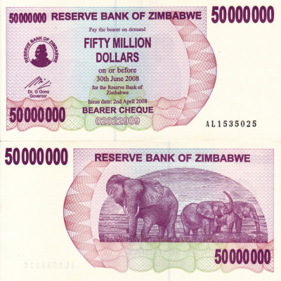 ZIMBABWE 50.000.000 dollars 2008 BEARER CHEQUE UNC!!! foto