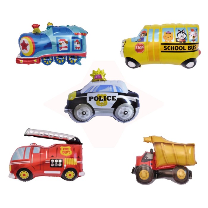 Set 5 baloane folie metalizata, flippy, figurine masini, 30 cm, ambalaj individual, pai inclus, umflare cu aer sau heliu, multicolor