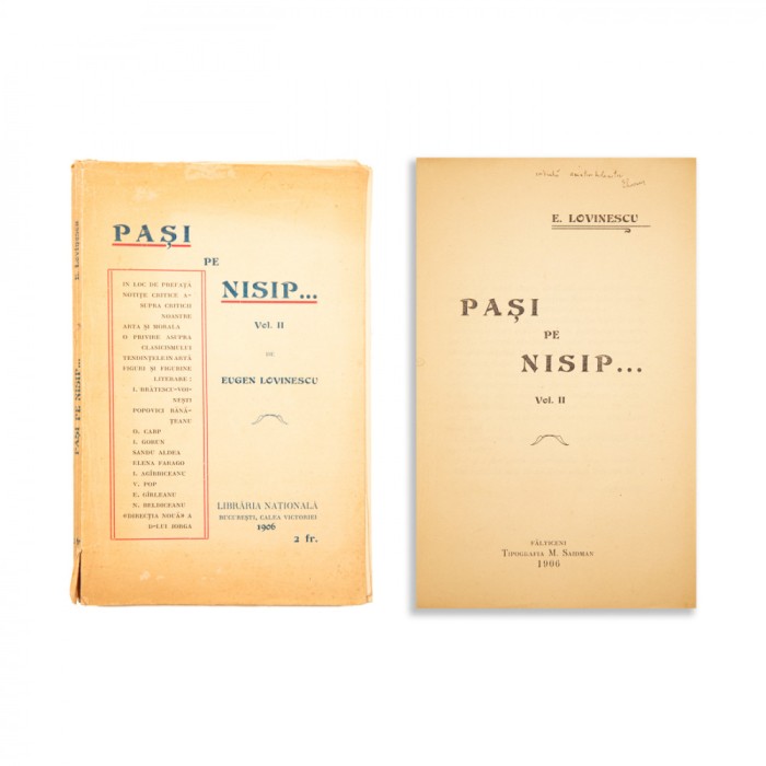 Eugen Lovinescu, Pași pe nisip, vol. II, 1906, cu dedicație olografă