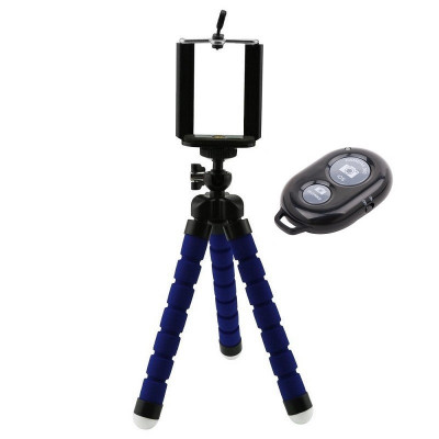 Mini trepied flexibil,filet universal 1 4,suport telefon + telecomanda bluetooth pentru telefon - Albastru foto