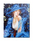 Cumpara ieftin Tablou tanara cu palarie albastra pictat manual, Eleganta, 80x60cm ulei pe panza, Mircea Iordache