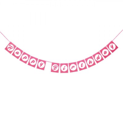 Banner Petrecere, Model Happy Birthday, Culoare Roz cu Buline, Dimensiuni 14x213 cm foto