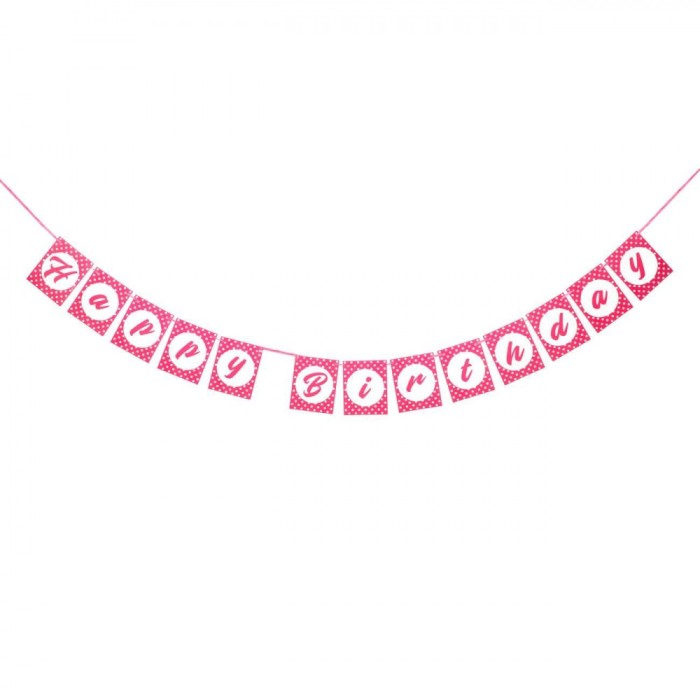 Banner Petrecere, Model Happy Birthday, Culoare Roz cu Buline, Dimensiuni 14x213 cm