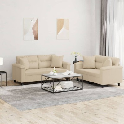 vidaXL Set de canapele cu perne, 2 piese, crem, microfibră foto