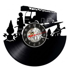 Ceas de perete decorativ realizat din disc de vinil, Model Pompieri si Autospeciala de Interventie / Camion de Pompieri, Negru, 30 cm