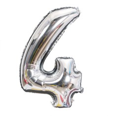 Balon din folie flippy, cifra 4, 81 cm, pentru aer sau heliu, bulk, argintiu