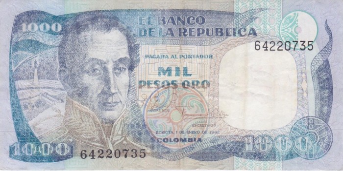 Bancnota Columbia 1.000 Pesos Oro 1982 - P424a Fine ( vezi descriere )