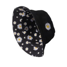 Palarie Bucket cu 2 fete, 2 in 1, Reversibila brodata, model floral, casual - Negru