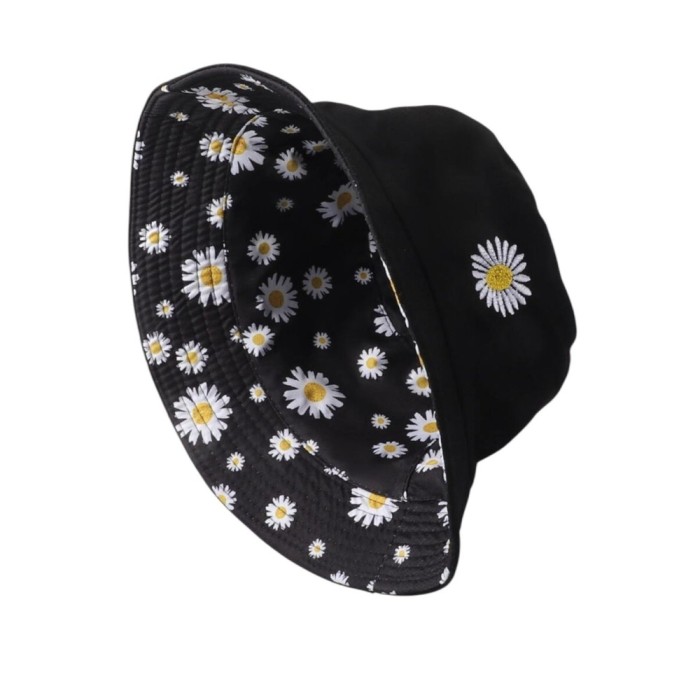 Palarie Bucket cu 2 fete, 2 in 1, Reversibila brodata, model floral, casual - Negru