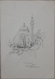Lucrare &rdquo;Orăștie, Catedrala&rdquo; de Elena Forțu, tuș pe carton subțire 45 x 31 cm