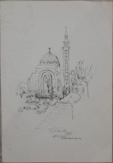 Lucrare &rdquo;Orăștie, Catedrala&rdquo; de Elena Forțu, tuș pe carton subțire 45 x 31 cm